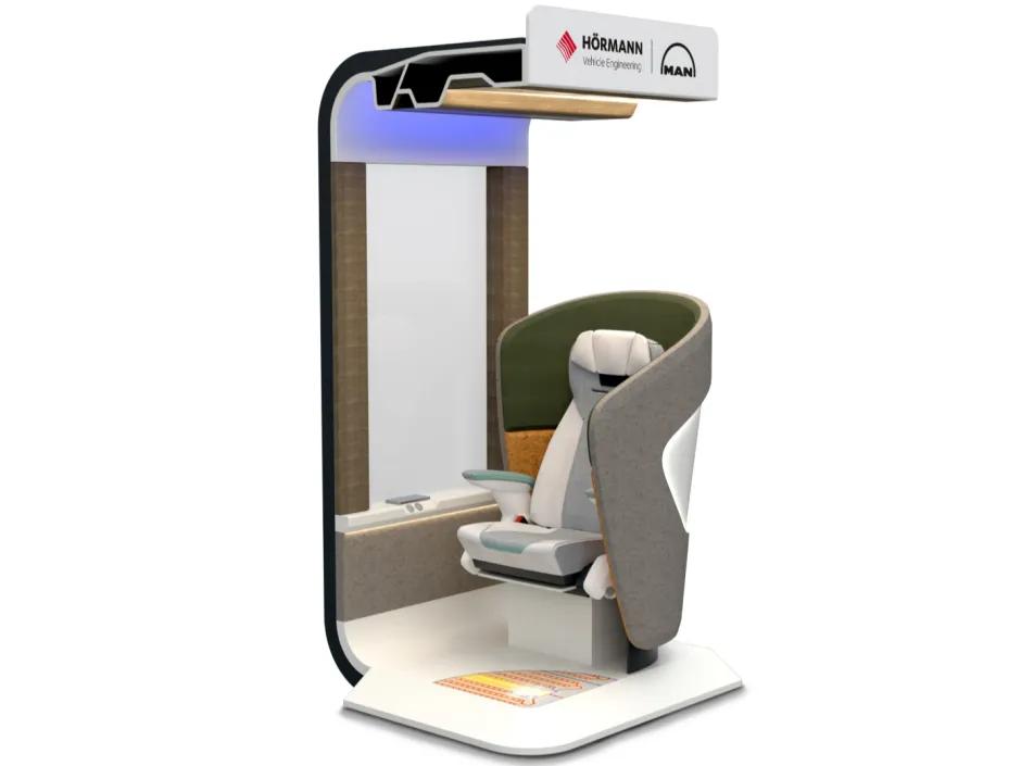 Innovation Corner seat mockup by HÖRMANN Vehicle Engineering at Busworld 2025 - pioneering interior concept for sustainable travel